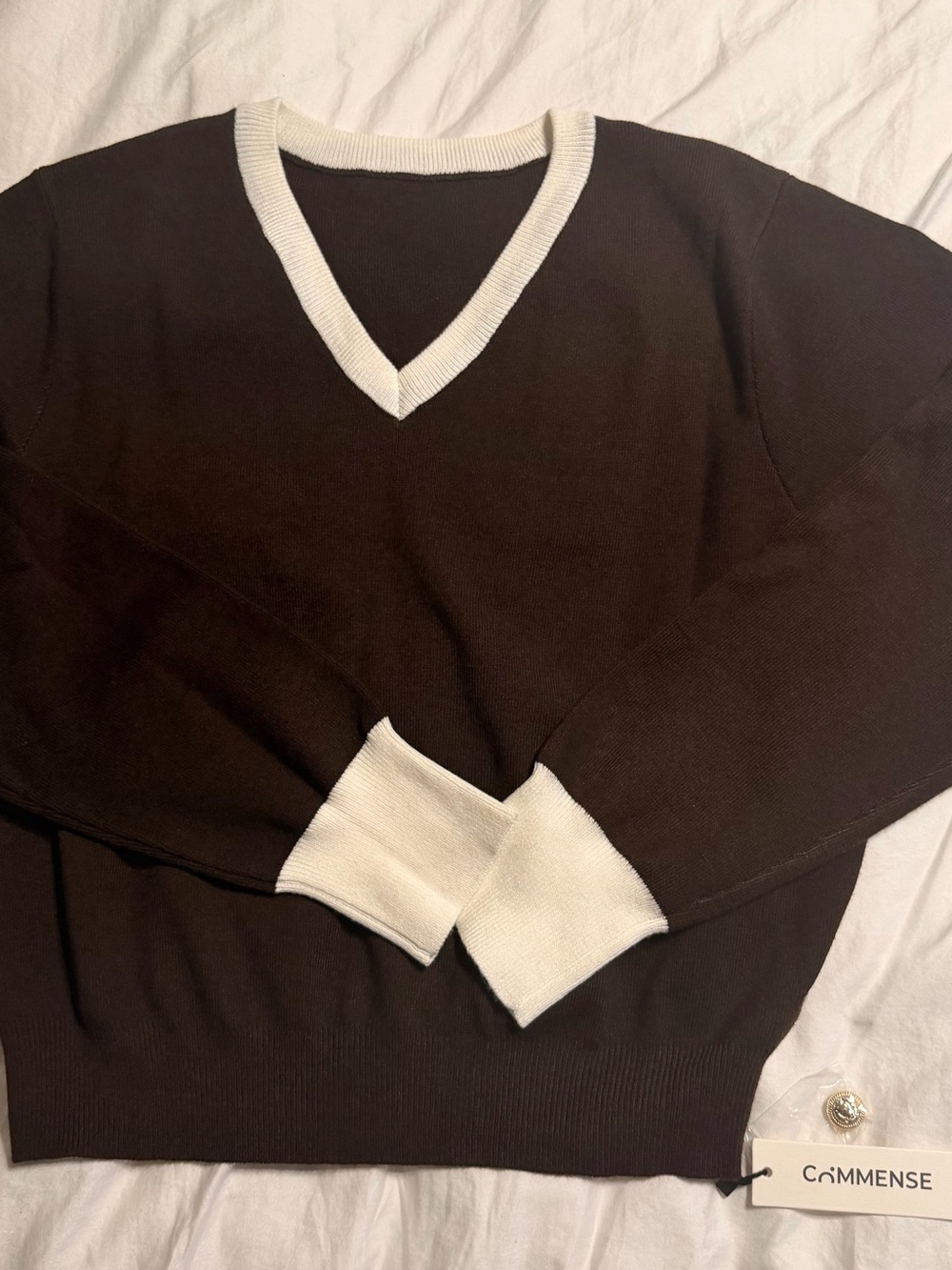 Commense V-Neck Sweater and Button-Front Maxi Skirt Set - Brown & White - Picture 3 of 5